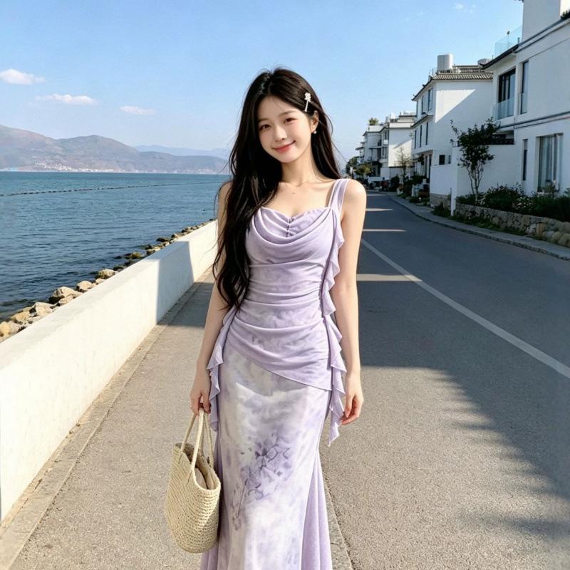 Summer new temperament women's long dress niche design slim and thin suspender dress women
