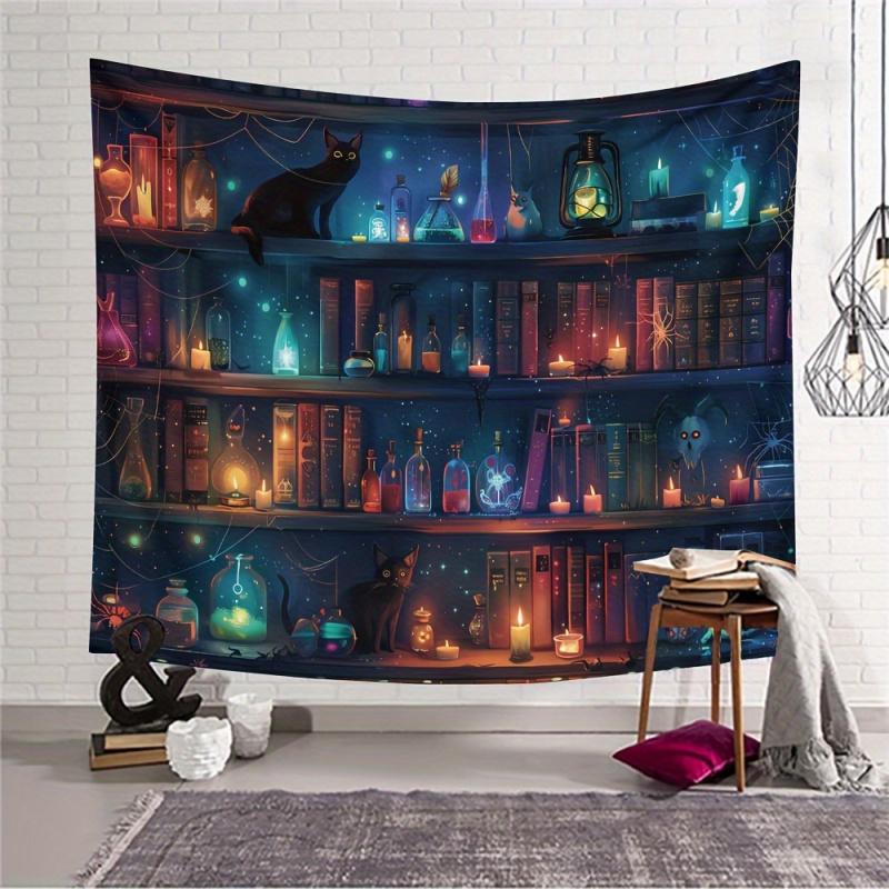 VIKAMA Magic Bookstore Cat Tapestry Retro Fantasy Starry Sky Background Bedroom Bedhead Study Room Decoration