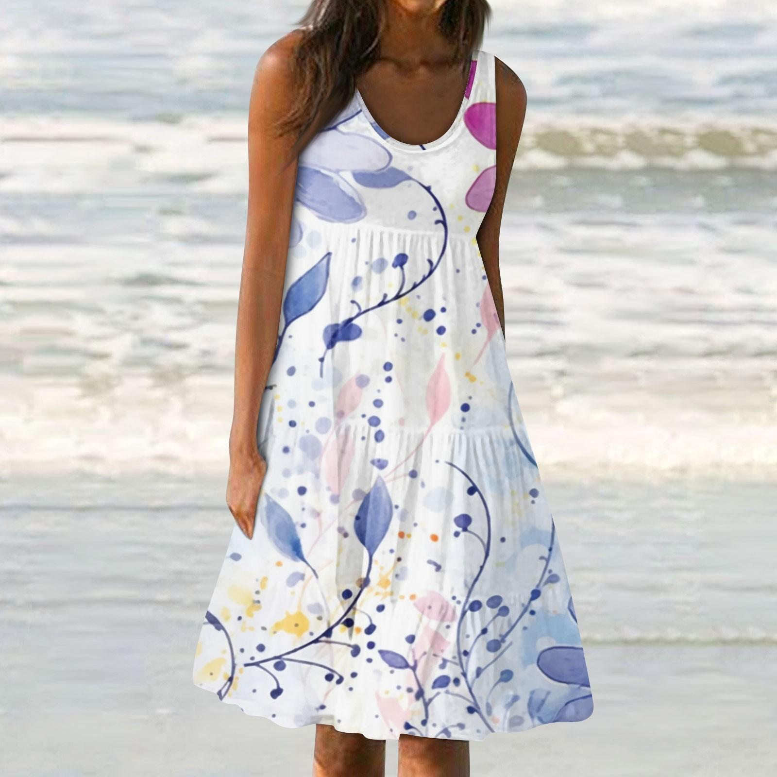 

Женские платья-жилеты Лето-весна Плиссированные богемные платья Симпатичные струящиеся пляжные платья без рукавов Прямая футболка Платья-майки Платья с круглым вырезом L синий