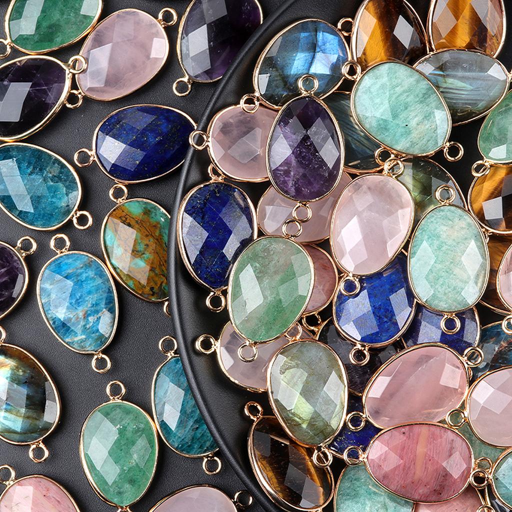 1Pc, Natural Crystal Agate Faceted Irregular Link Connector 23*18mm Zinc Alloy Wrapped Double Ring Stone Charm For Handmade Jewelry Craft Supplies