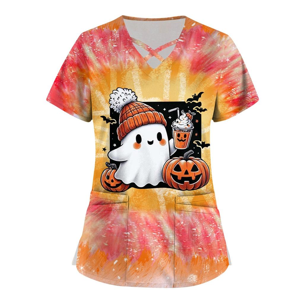 Women's Printed Work Clothes With V Neck And Double Layer Pocket Basic Tops Pullover