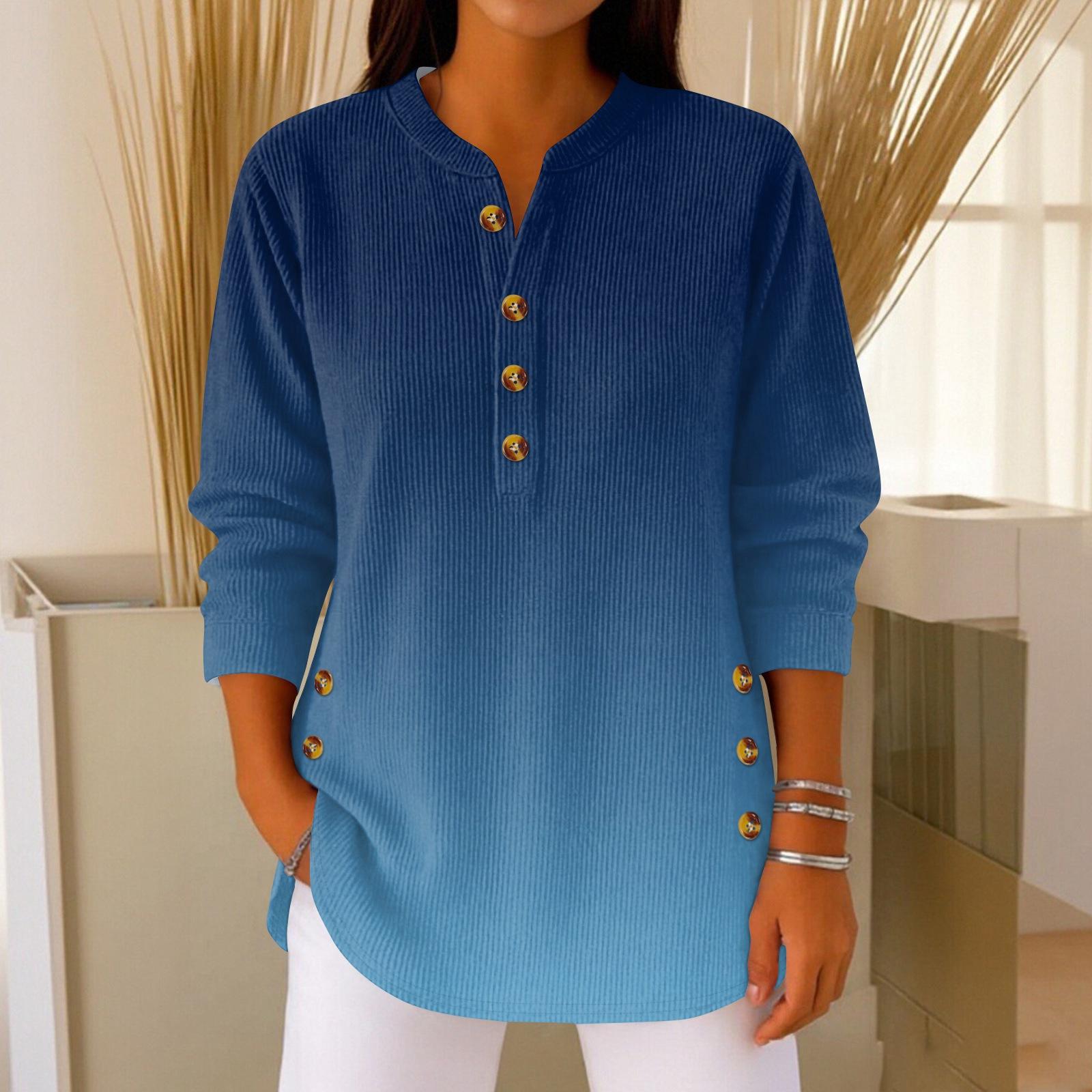 Women s Fashionable Button Collar Long-sleeved Christmas Print Pullover Top L синий