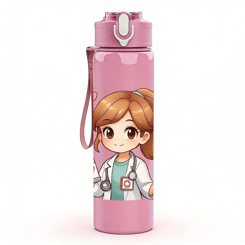 1PC Cute Girl Doctor Cartoon 750ml Color Plastic Sports Water Bottle Leakproof Flip Straw Lid Suitable for Sports Office Home Use