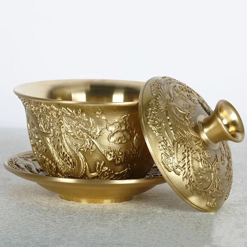 Zestaw filiżanek do kawy z czystej miedzi ze spodkami 100 ml Luksusowy kubek na mleko Filiżanka do herbaty Naczynia do napojów kawiarnianych Grawerowane dla par Ręcznie robione Smoki Feniksy Prezenty