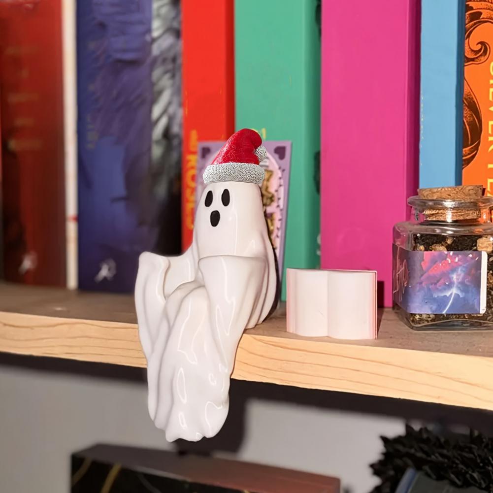 Resin Ghost Ornament Festive Halloween Ghost Statue with Christmas Hat Book Resin Figurine Sculpture for Holiday Party Desktop