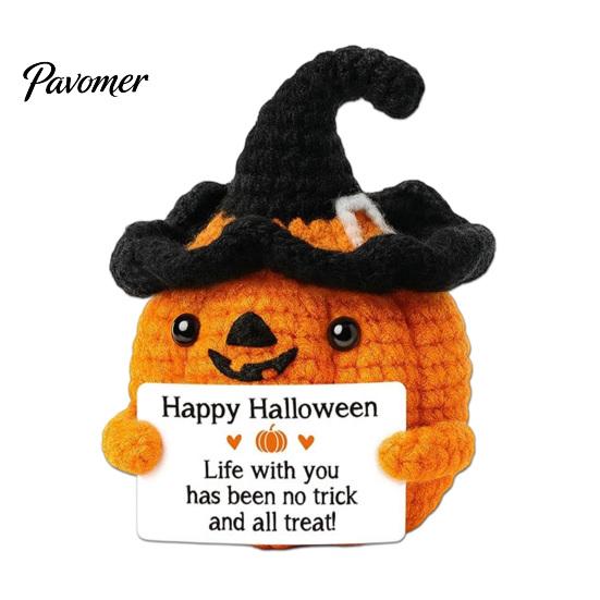 Hand Crocheted Seasonal Gift Handmade Crochet Positive Pumpkin with Witch Hat, Fall Boo Basket Stuffer, Woolen Ornament Mini Knitted Plush Figurine,