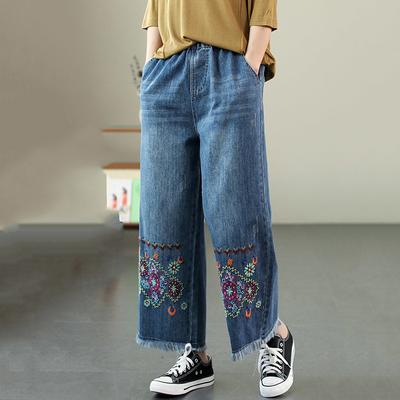 Pantalones vaqueros holgados Vintage con bordado para mujer, Vaqueros rectos y holgados de cintura alta, pantalones informales con borlas para mujer, primavera y otoño 2023