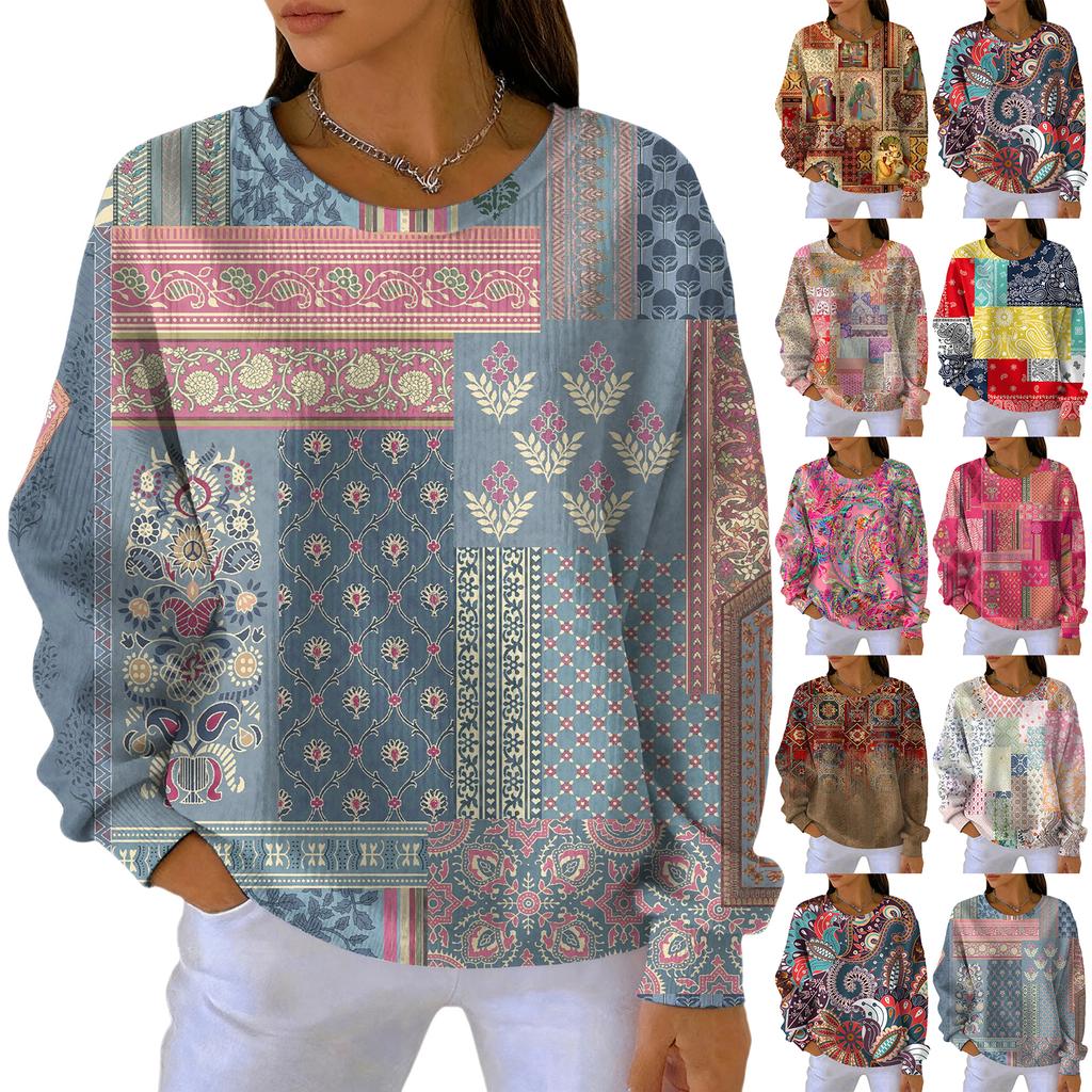 Women's Fashion Casual Gradient Vintage Print Pullover Sports Long-Sleeve Top