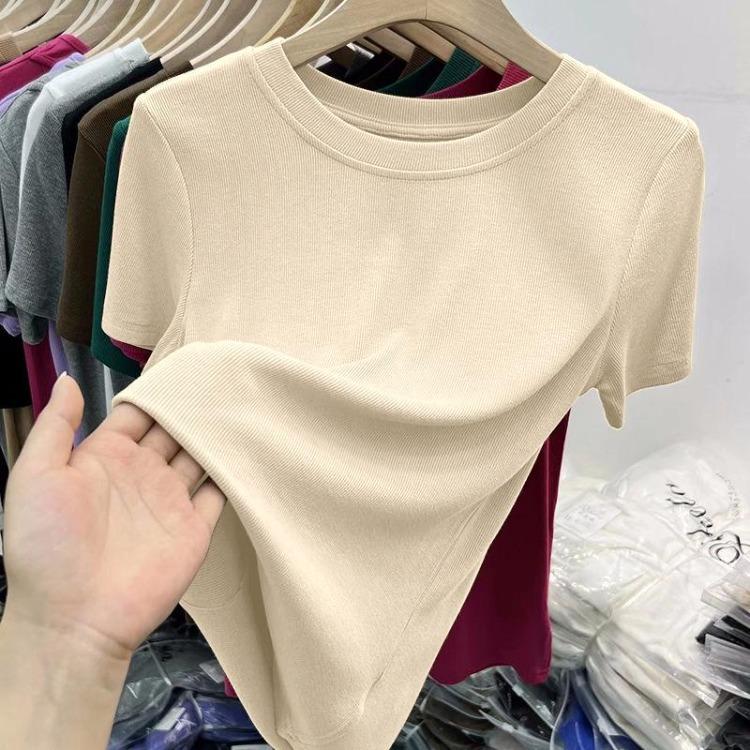 2025 Summer Women Slim Fit Short Sleeve Round Neck T-Shirt Versatile Solid Color Top