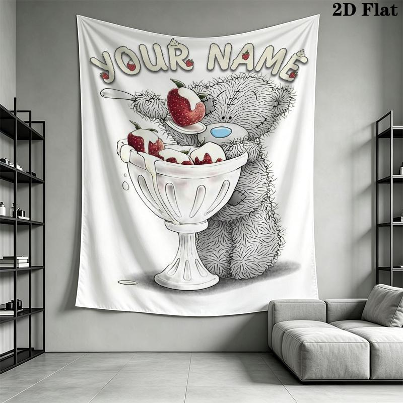 Custom Name Tatty Teddy Ice Cream Wall Tapestry Aesthetic Wall Hanging Printed Fabric Blanket Decorative Tapestries for Bedroom Living Room Home Decor