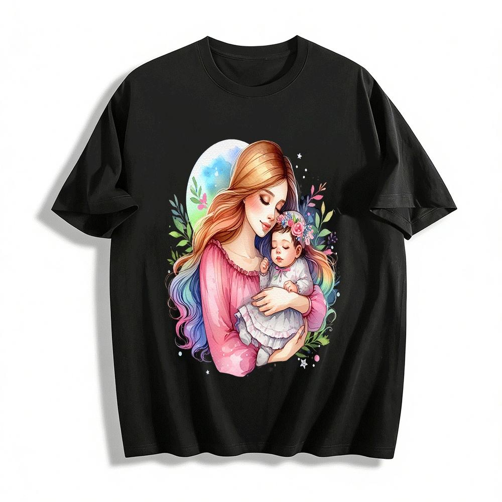 Warm Mother And Baby Hug Print Long Sleeve Parent-child Top Pure cotton T-shirt XXS