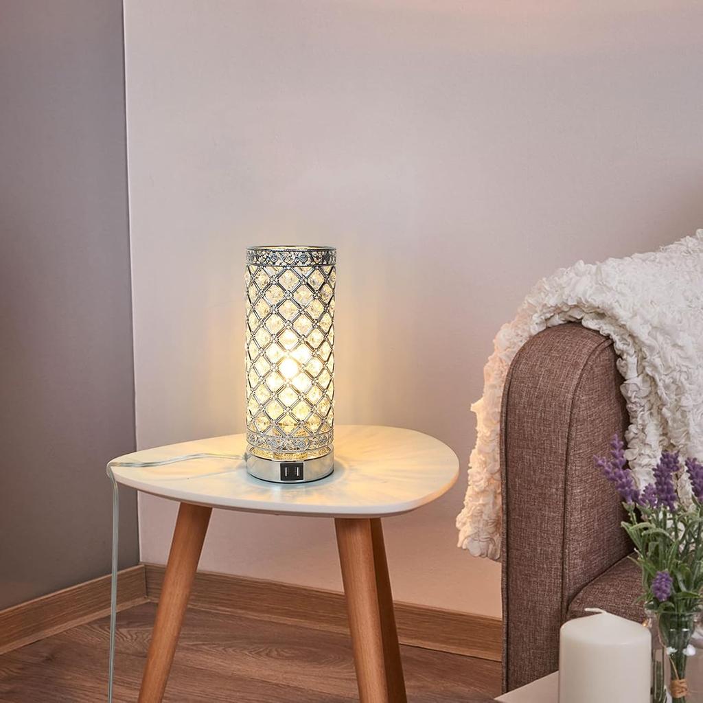Modern Crystal Table Lamp, 3 Way Dimmable Touch Control Desk Lamp Wireless Charging, Dual USB Nightstand Lamps, Modern Bedside LED Lamp for Bedroom,