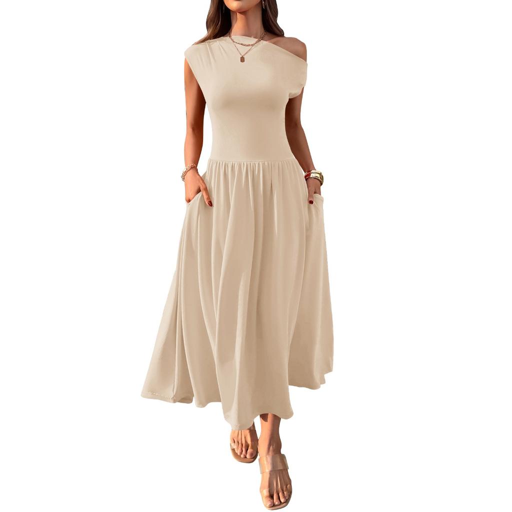 Women's Asymmetric Neck Sleeveless Maxi Dress Slim Fit Elastic Waist Casual Pocket Long Dress