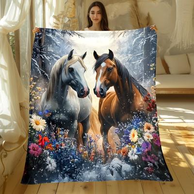 Dois Cavalos em Floresta de Inverno com Neve e Flores Design Artístico Manta de Lã Tema Animal da Natureza Manta Macia de Flanela Para Casa