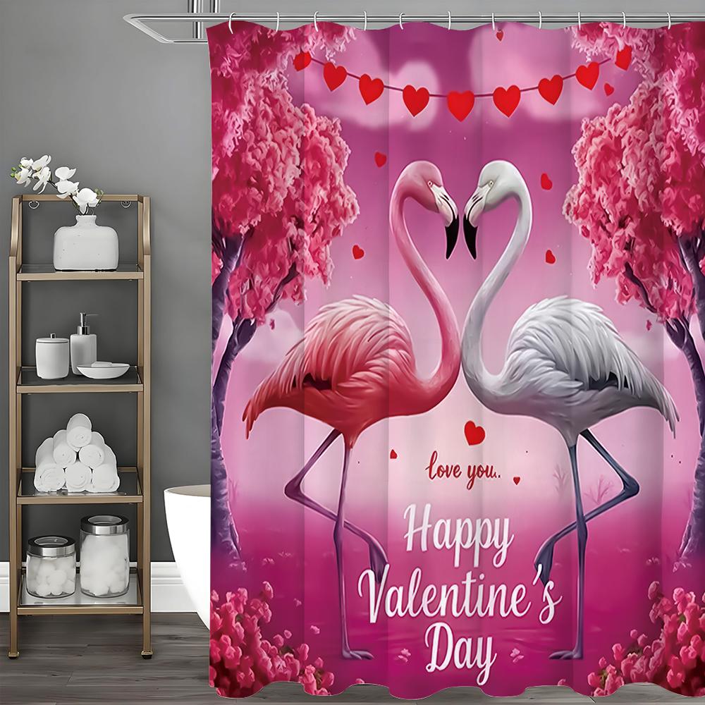 Valentine's Day Flamingo Pink Tree Shower Curtain, Bathroom Decorative Shower Curtain, Waterproof Shower Curtain with Hooks
