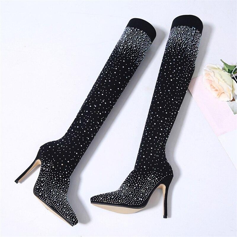 Black Knee-High Transparent Shiny Glitter Pointed Toe Shoes main image 1