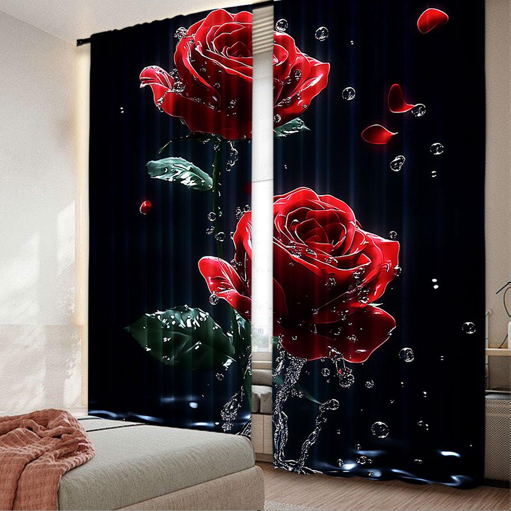 2Pcs Blooming Red Roses With Water Drops Printed Curtain Glam Style For Bedroom Office Kitchen Living Room Study Bathroom