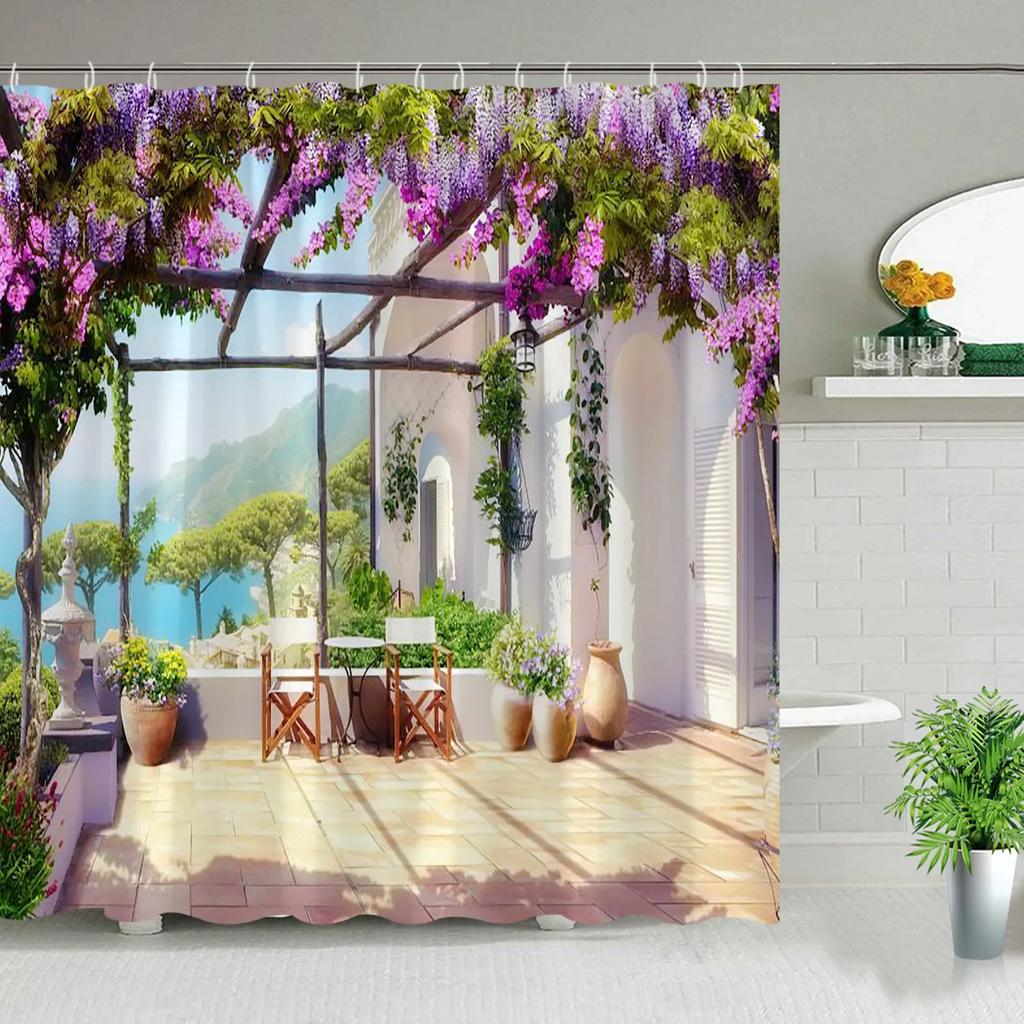 Tenda da Doccia da Giardino Esterna Muro a Fiori Arco Architettura Piante Fiori Paesaggio Poliestere Tende Sospese Decorazioni Bagno