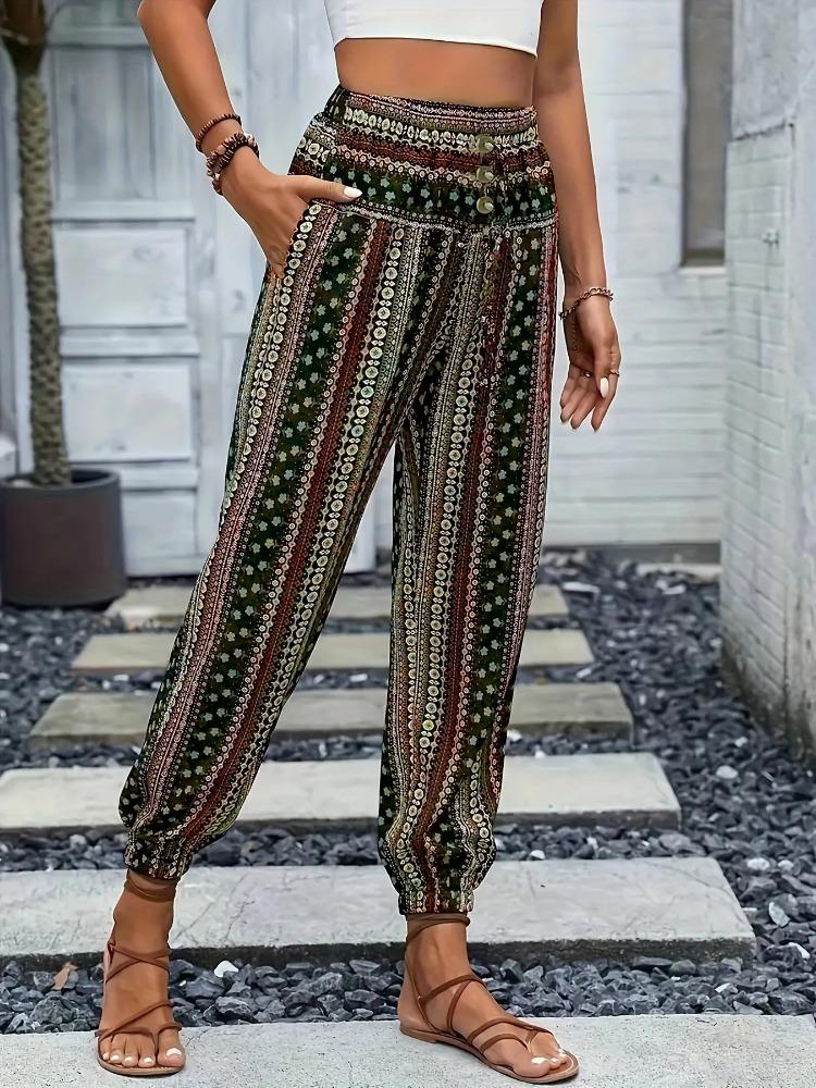 Frühling/Sommer Damen Böhmischer Ethno-Print Locker Schlankmachend Drapierte Elastische Taille Aufgeschlagene Lässige Hose