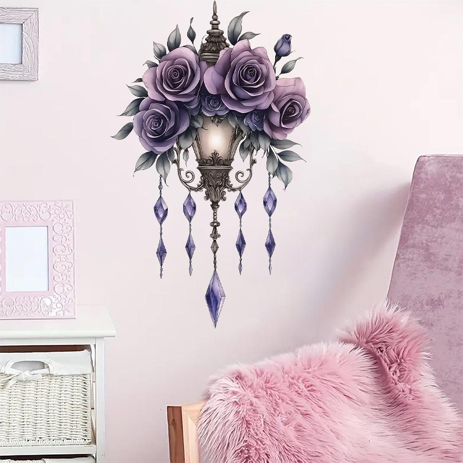 Cartoon Aesthetic Purple Floral Chandelier Wall Stickers, Self-Adhesive Girly Room Decor Decals