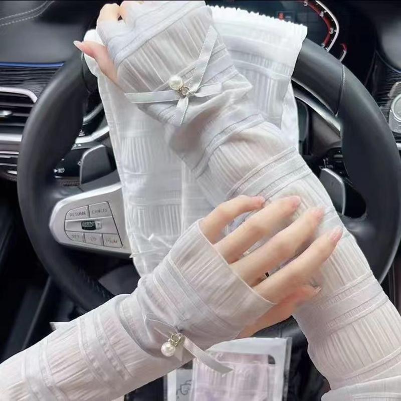 Outdoor Sun Protection Women Bow Long Ice Seeves Sun Protection Sleeves Thin Gloves Summer Pearl Sleeves Sunscreen Accessories