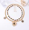 Personality Trend Retro Alloy Sunflower Pendant Double Stacked Necklace Casual Color Beaded Women's Accessories