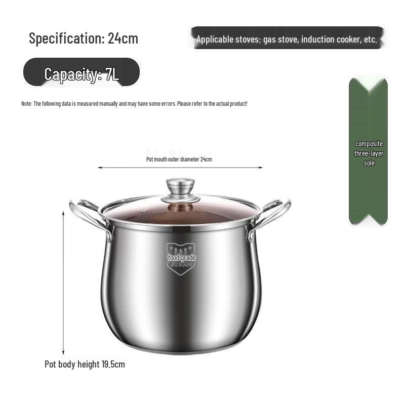 Chef Q7 24CM Stainless Steel Double-Bottom Tall Soup Pot