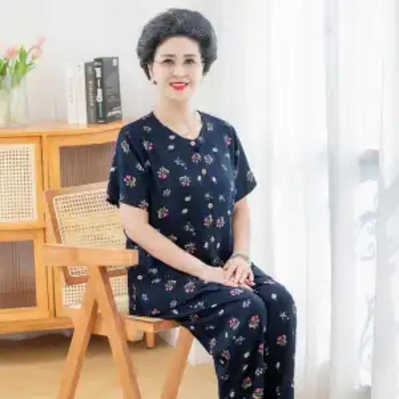 Women's Floral Print Two-Piece Set Short Sleeve Button-Down Top Pants Casual Outfit for Elderly