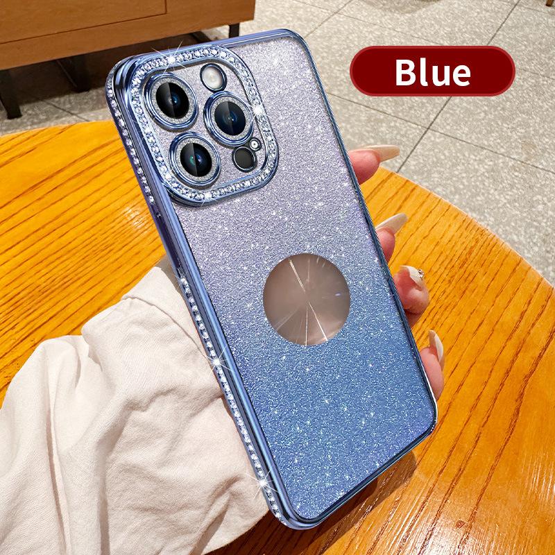 

Подходит для iphone15ProMax гальваническое покрытие утечка блестящий порошок стразы мобильный телефон чехол Apple 14 линза алмаз 13 мягкий чехол iPhone11promax синий