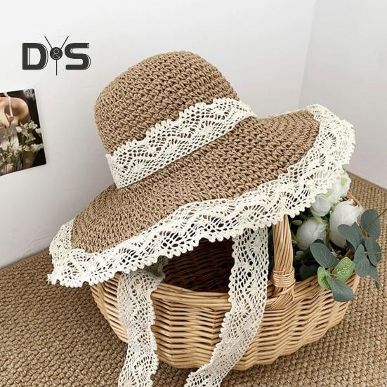 Stroh-Sonnenhut für Damen, faltbar, atmungsaktiv, größenverstellbar, Spitzenbesatz, Strandhut, Outdoor-Aktivitäten, Sport, Alltagskleidung