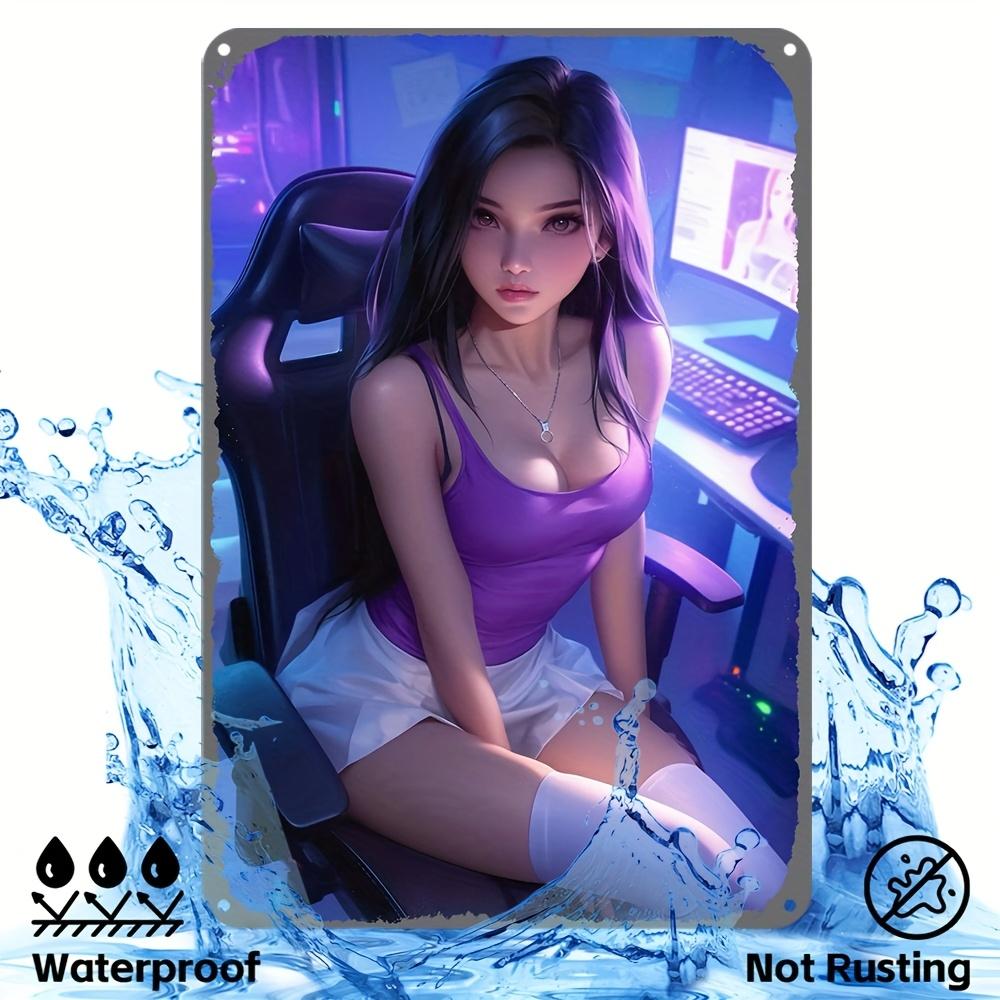 Anime Metal Wall Art D Retro Gaming Sign Waterproof Aluminum Decor with Purple Hair Character for Cafe Bar Home Room Unique
