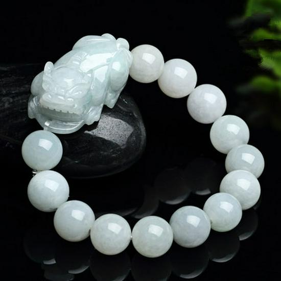 Certified A-Grade Burmese Jade Pixiu Bracelet with Round Beads