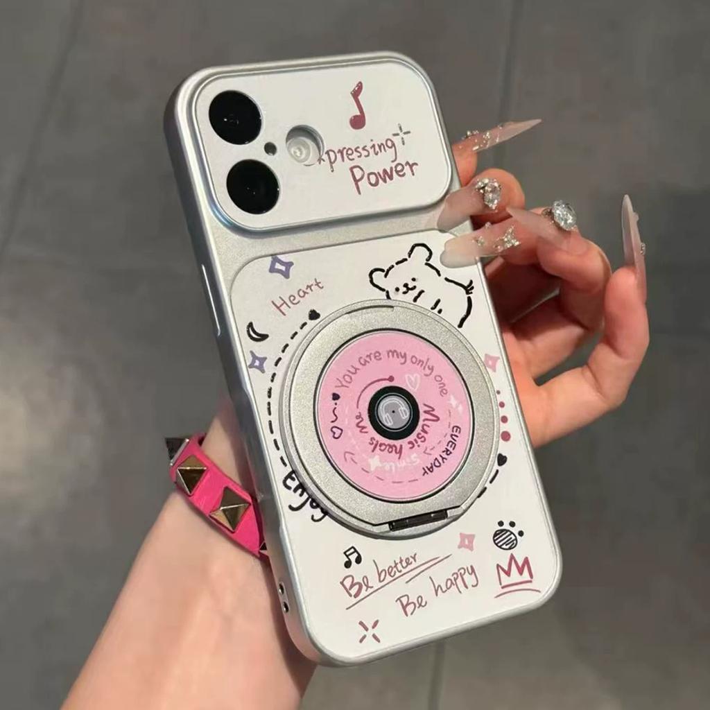 Applicable to iPhone17 new CD record puppy mobile phone case rotating bracket Apple 16/15 electroplated Corning case