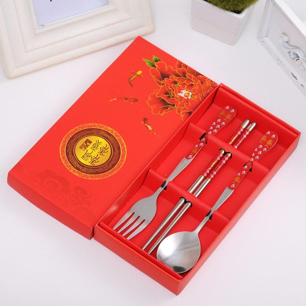 

3 шт./компл. портативный набор посуды из нержавеющей стали, набор столовых приборов в китайском стиле, подарок красный