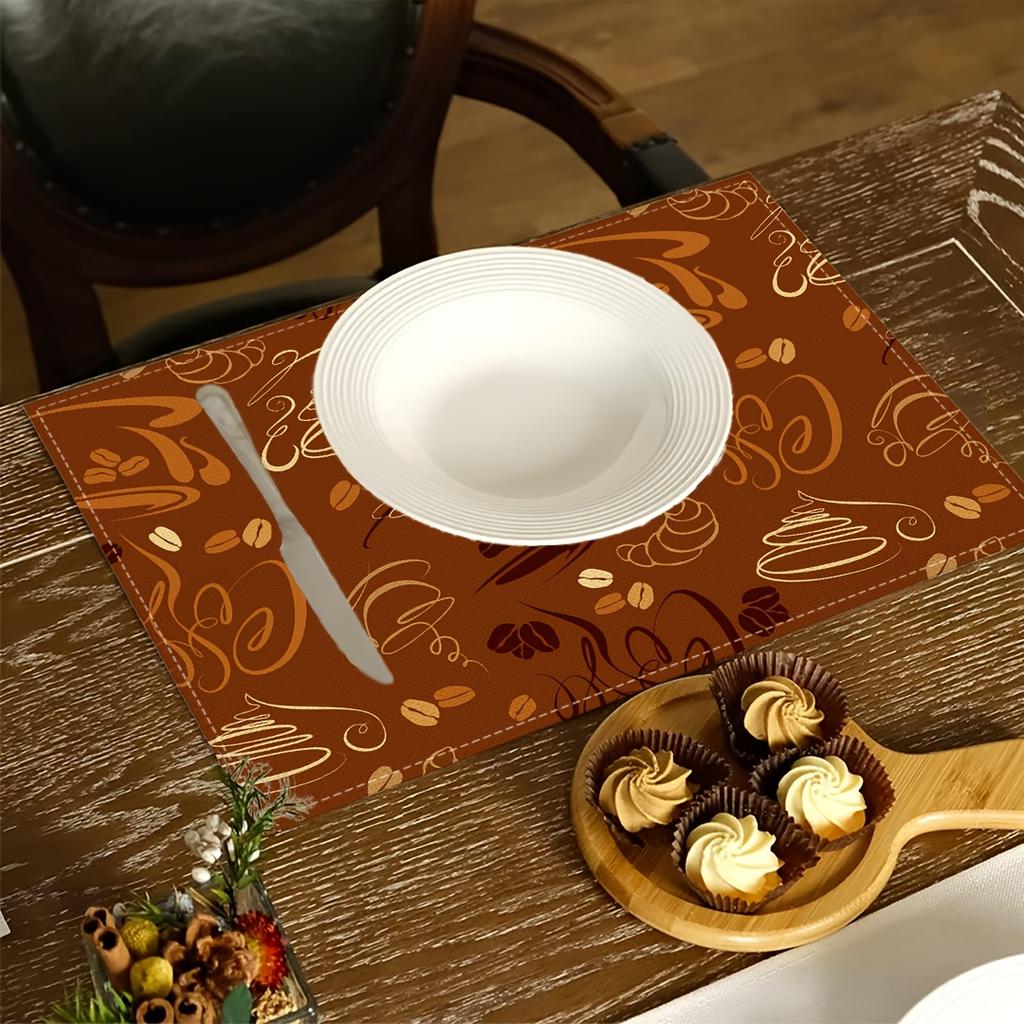 4pcs Coffee Placemats – Brown Background with Cup, Bean & Croissant Print, Washable Polyester Table Mats for Dining Kitchen