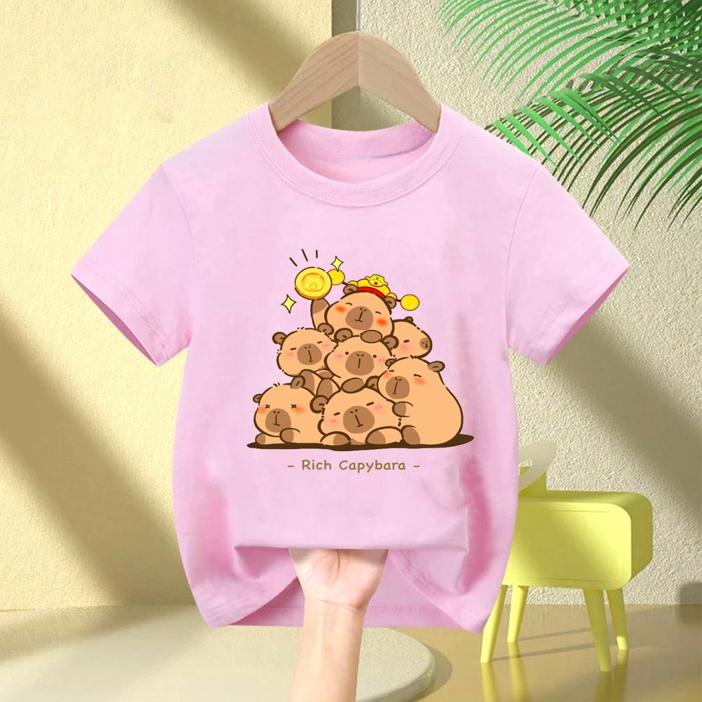 Cute Capybara Loves Bubble Tea Print Kids TShirt Summer Childrens Cartoon Shortsleeved Casual Tops Boys and Girls Clothing