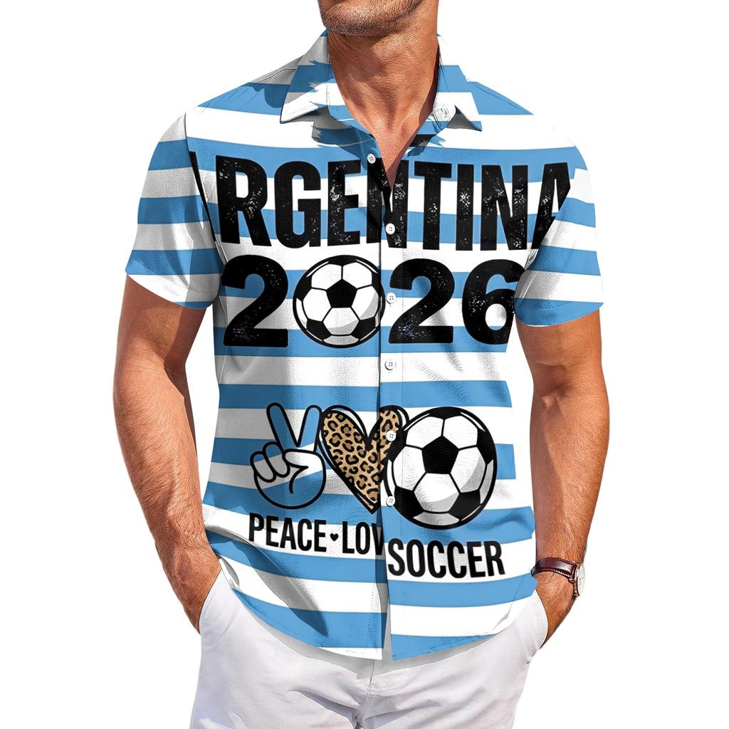 Men’s Short Sleeve Button Down Shirt with Soccer Print Casual Striped Design Lightweight Material Relaxed Fit for Daily Wear