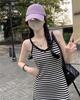 Women's Slim-Fit V-Neck Black Striped Knit Camisole Dress, High-Waisted, Bodycon, Long Skirt, Spring/Summer Fashion