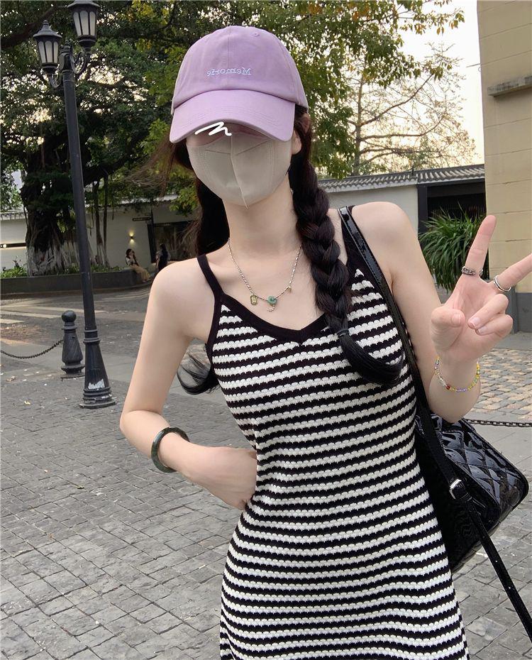 Women's Slim-Fit V-Neck Black Striped Knit Camisole Dress, High-Waisted, Bodycon, Long Skirt, Spring/Summer Fashion