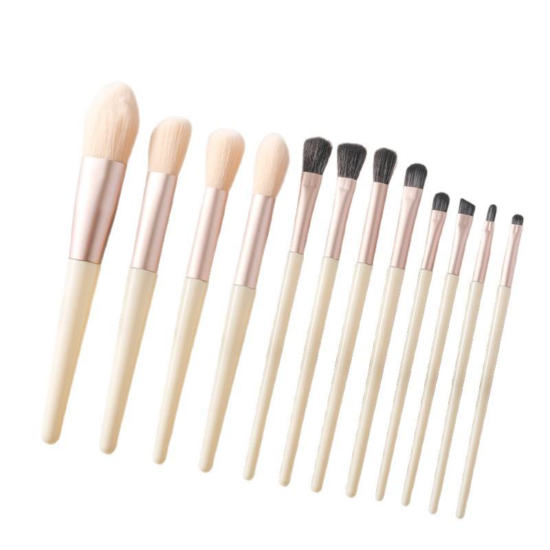 12dílná krémová Morandi sada štětců s měkkými štětinami: Štětce na oční stíny, pudr a tvářenku