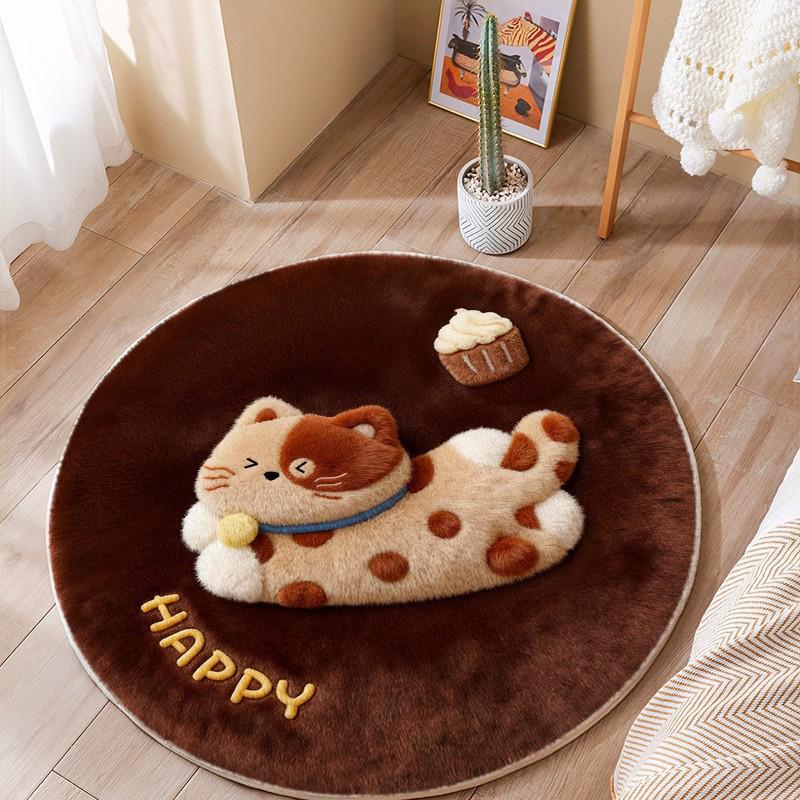 3D Fluffy Cartoon Round Carpet - Thickened, Non-Slip, Easy-to-Clean Imitation Cashmere Rug for Bedroom & Living Room