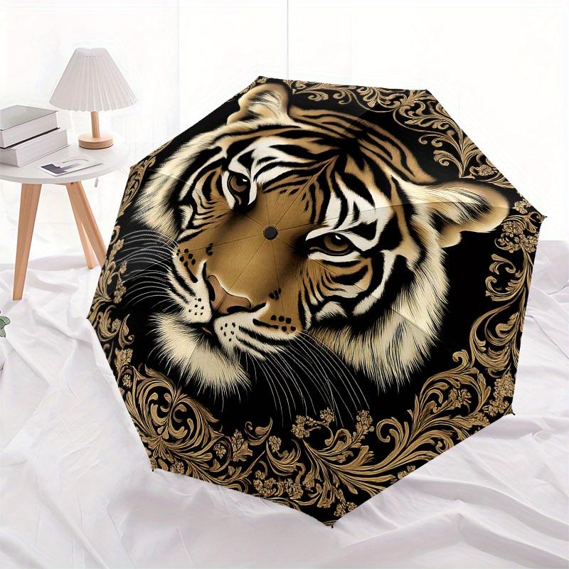 Golden Tiger Portrait Decorative PlateUmbrella, Portable 3-FoldCompact Umbrella for Men & Women Gift