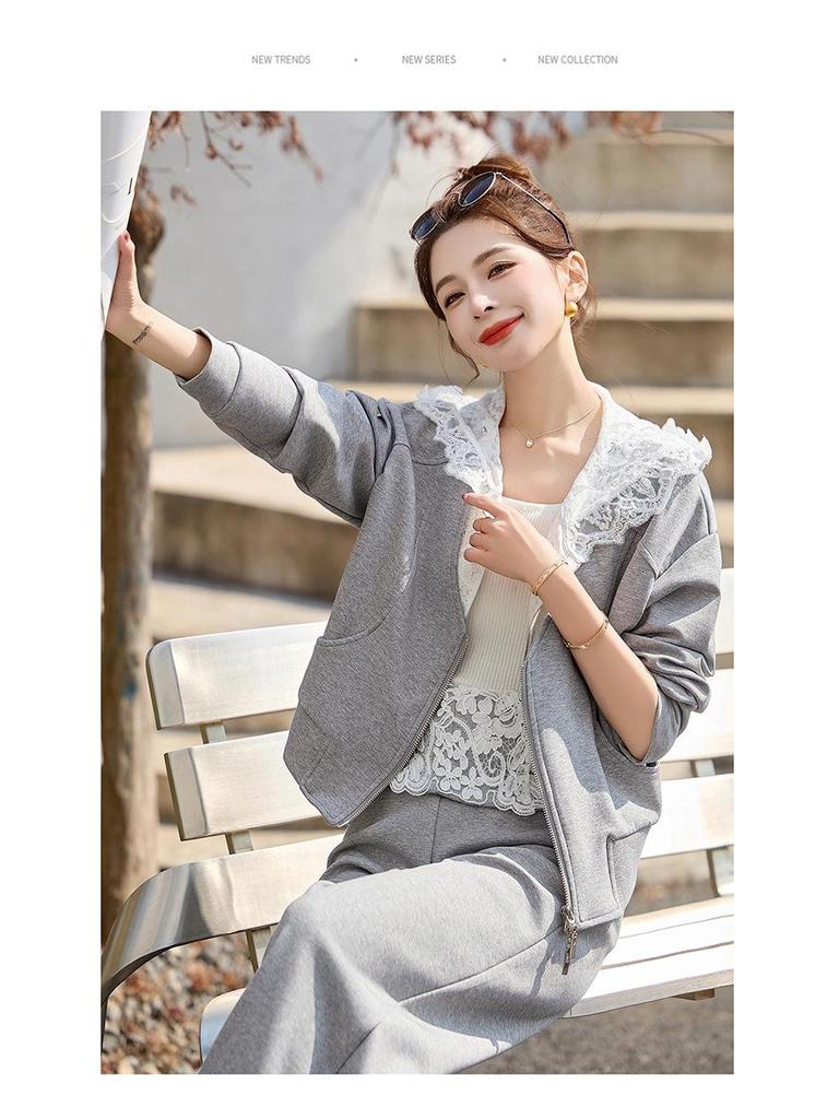 Spring 2025 Fashion: Small Fragrant Lace Patchwork Jacket & Long Pants Set