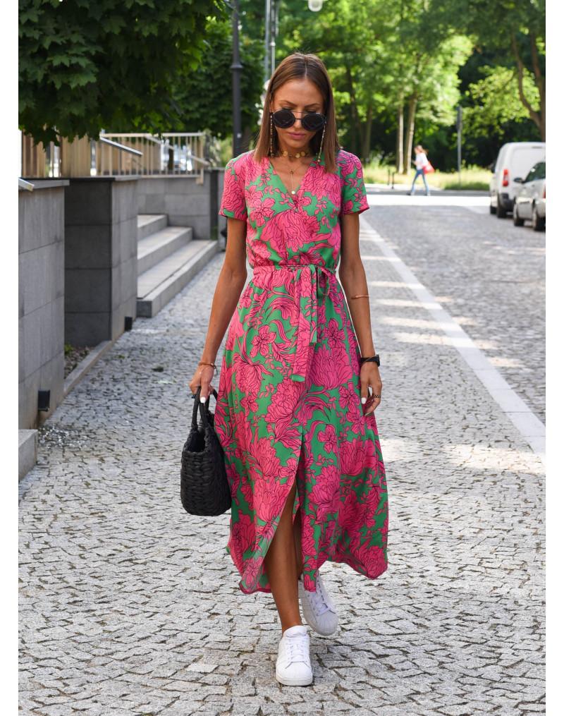 Summer Floral Print Long Dresses Women Sexy V Neck Split Lace-up Dress Female Casual Elegant Short Sleeve Beach Dress Vestidos