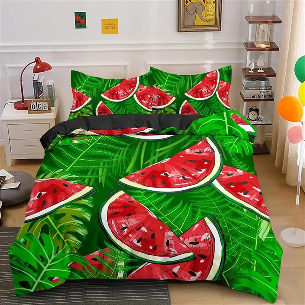 Watermelon Duvet Cover Set Green and Red Colour Polyester Comforter Cover King Queen Full Size for Kids Teens Adults Bedding Set