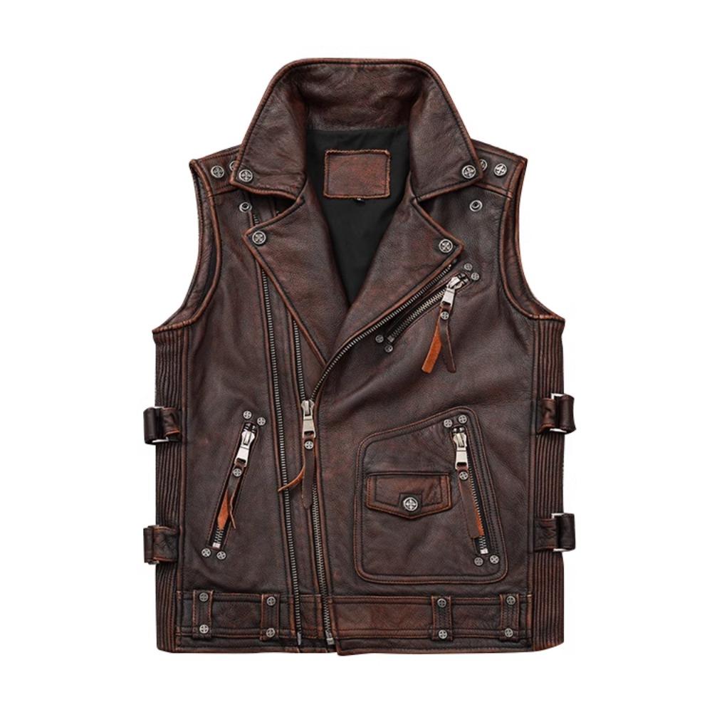 

Китайский размер новый винтажный коричневый мотоциклетный байкерский кожаный жилет мужской из натуральной коровьей кожи высокого качества безрукавка тонкий клубный стиль жилеты пальто 4XL