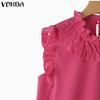 VONDA Summer Women Ruffled Neck Sleeveless Solid Color Casual Tank Tops
