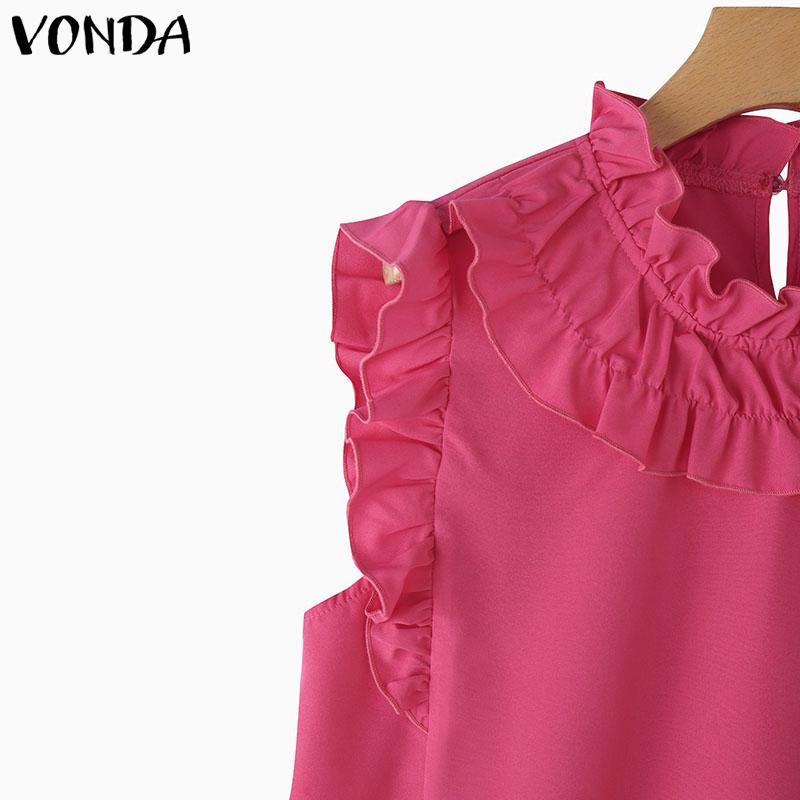 VONDA Verano Mujer Cuello con Volantes Sin Mangas Color Sólido Casual Camisetas de Tirantes