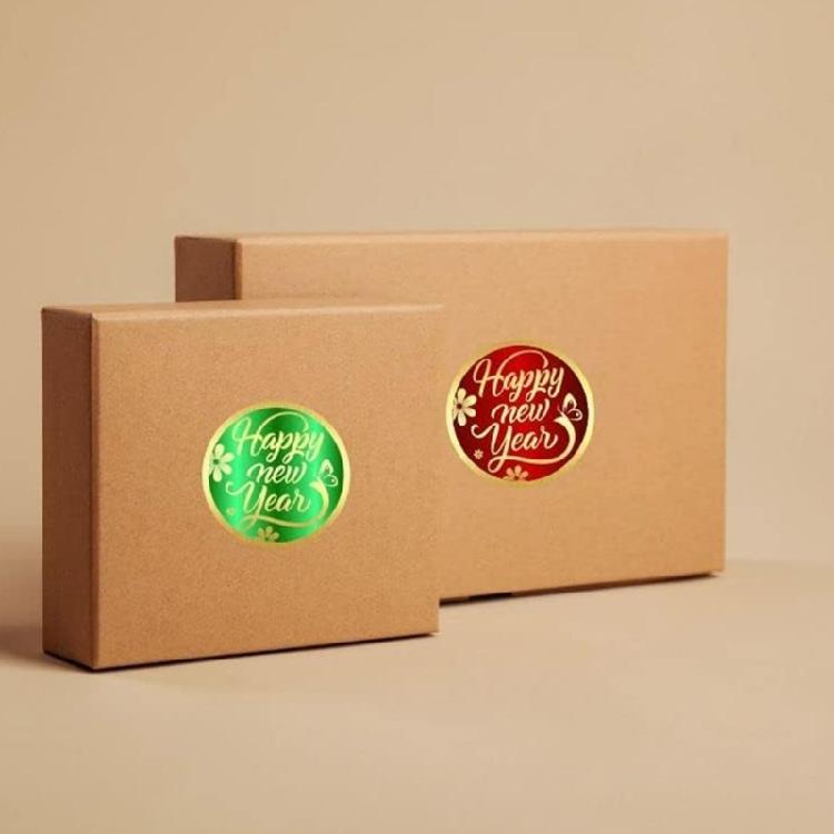 Round Labels Sticker Happy New Year Sticker Round Gold Foil Stamping Labels Self-Adhesive Sticker Labels