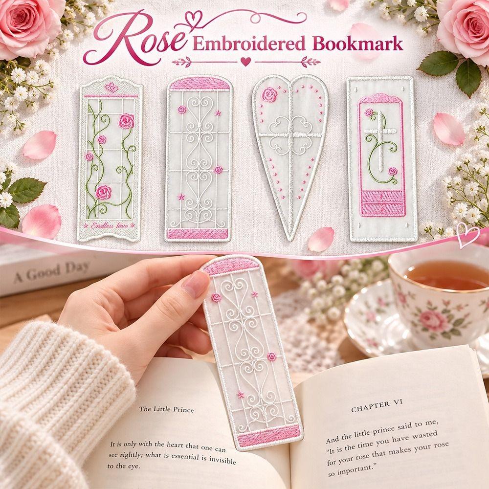 Embroidered Detail Rose Embroidered Bookmark Organza Reading Marker Reading Marking Tool
